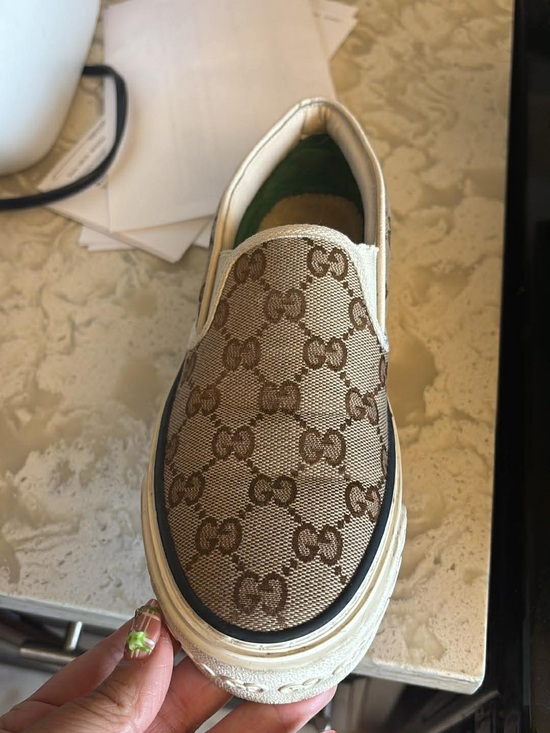 Gucci Shoes - Gucci Beige/Brown Monogram Slip-On Sneaker
